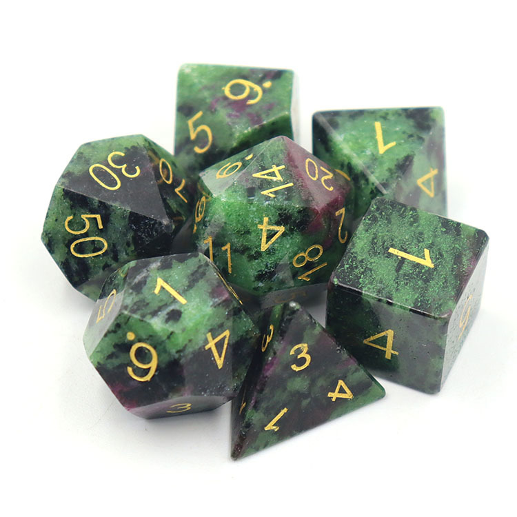 Natural Ruby Zoisite Gemstone Polyhedral Dice Set - Hand Carved DND Dice with Golden Paint Engraved Numbers