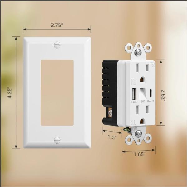 Tamper Resistant Type C USB Outlet 15A Wall Outlet With Night Light 0.2W
