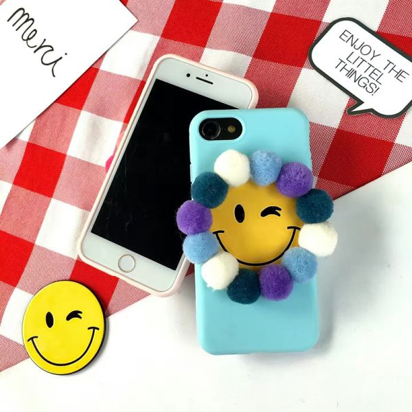 Soft TPU Korea Candy Color Small Hair Ball Around Smile Face Cell Phone Case Cover For iPhone 7 Plus 6s
