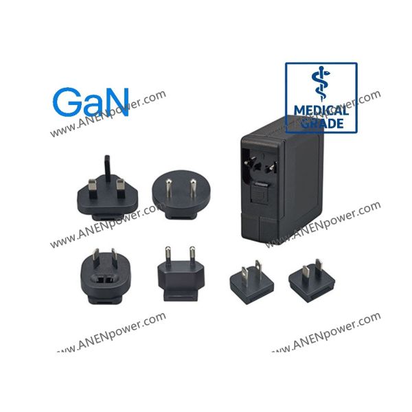 PD 45W GaN USB-C Medical AC Adapter Power Supply Interchangeable Plugs 5V 9V 12V 15V 20V Multi-Voltage Output