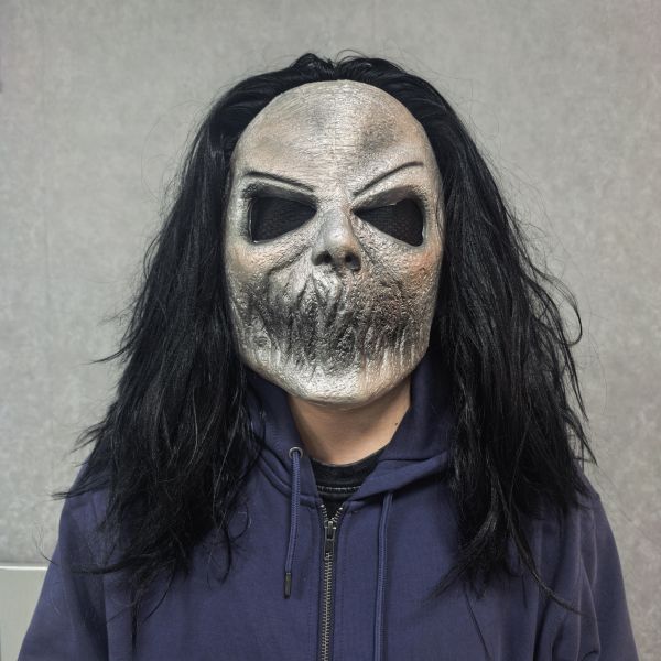 Realistic Sinister Ghoul Mask with Black Wig - Gory Jaw, Blackout Eyes - Halloween, Horror, Zombie Cosplay Costumes, Spooky Display