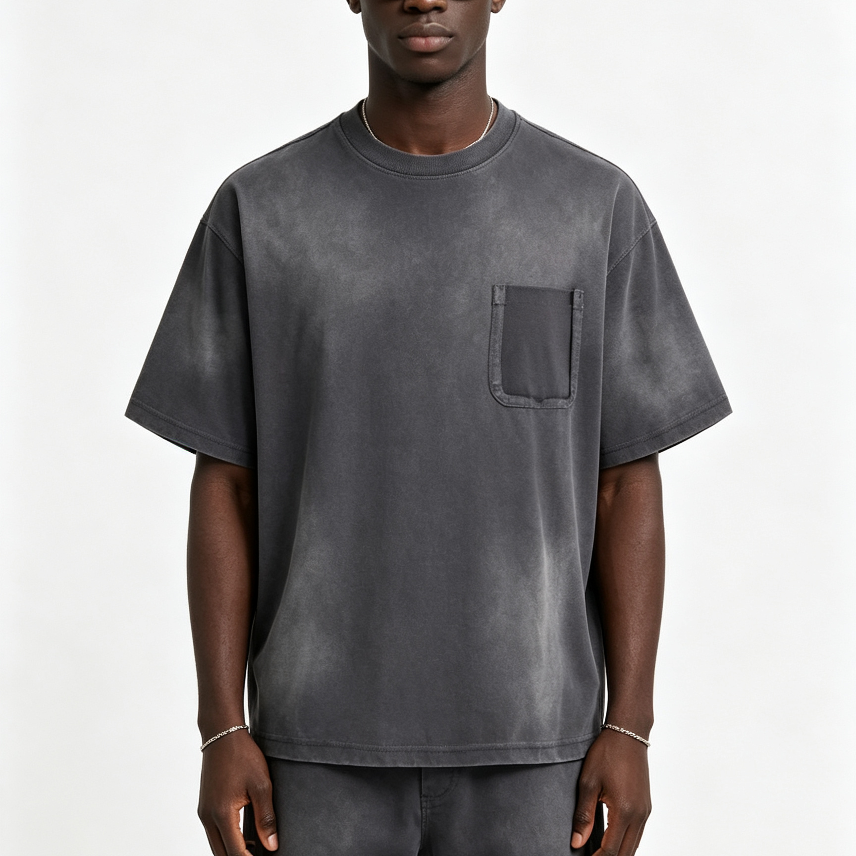275GSM Basic Crew Neck Tee Spray Wash Short Sleeve Crew Neck Raw Edge