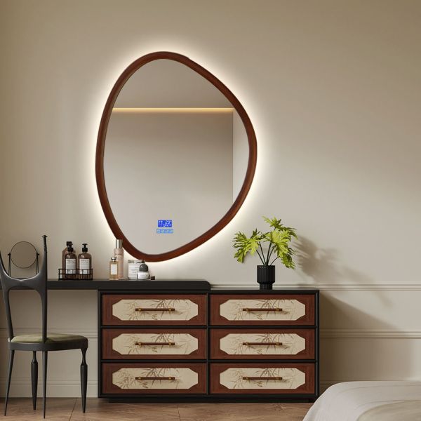Walnut Color Wood Frame LED Mirror Illuminated Bathroom Decorative Mirror