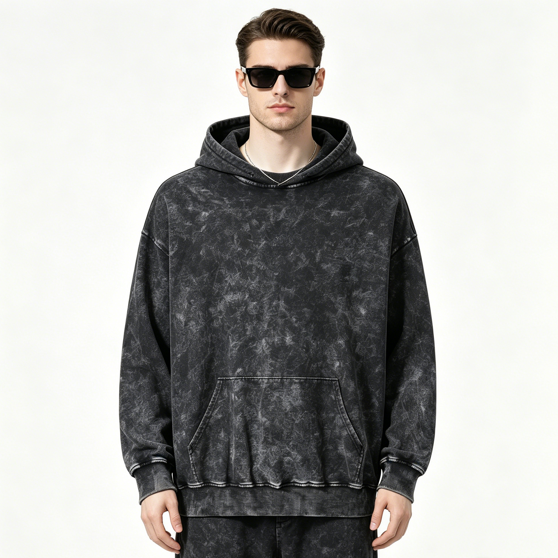 360g Heavy Snow Washed Hoodie Crew Neck Men Oversized Sweatshirt Vintage