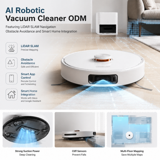 AI Robotic Vacuum Cleaner ODM solutions Featuring LiDAR SLAM Navigation Obstacle Avoidance and Smart Home Integration