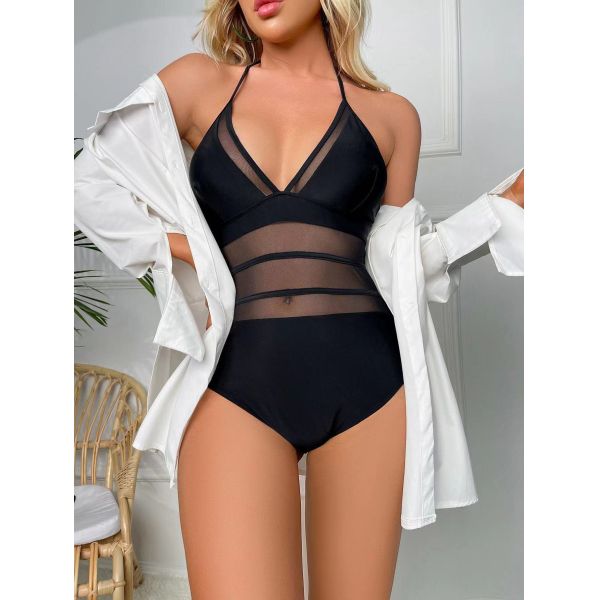 Black Ladies One Piece Swimsuit Mesh High Waist Backless Sexy Black One Piece Bikini
