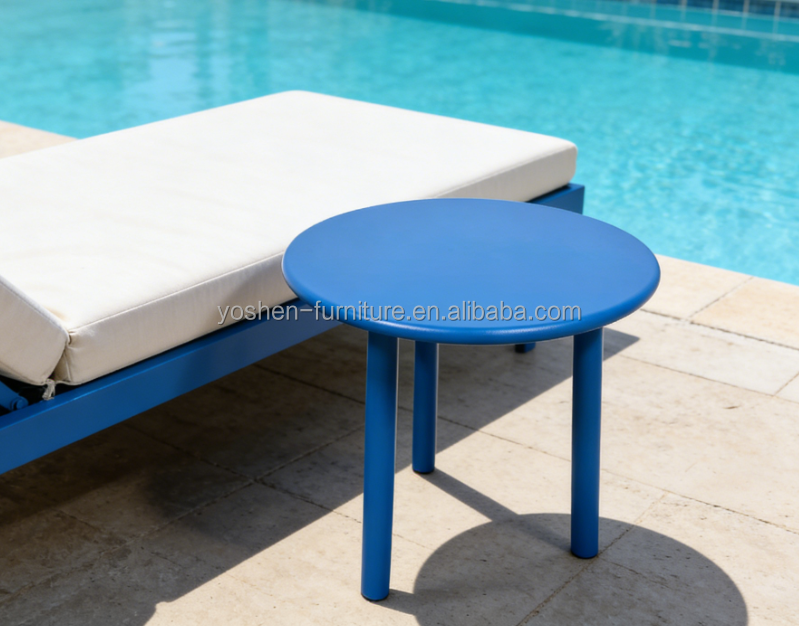 Hotel Contract Minimalist Aluminum Side Table Blue Tri Leg for Lobby Lounge Terrace