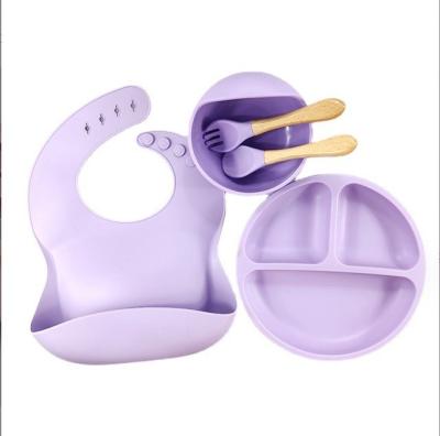 5pcs Eco-friendly Baby Feeding Set Silicone Suction Bowls Plates Spoon Fork Bib for Toddlers