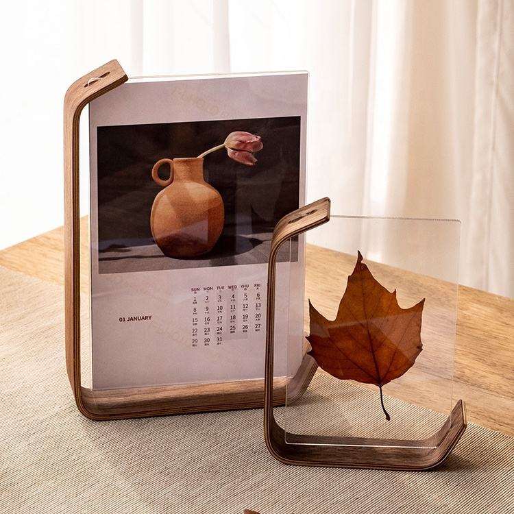 Solid Rustic Photo Wooden Acrylic Stand With Walnut Wood Base For Tabletop Or Desktop Display