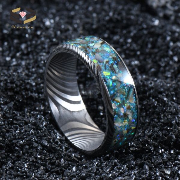 Anillo de boda para hombre de acero Damasco de 8 mm con incrustaciones de ópalo y concha coloridos
