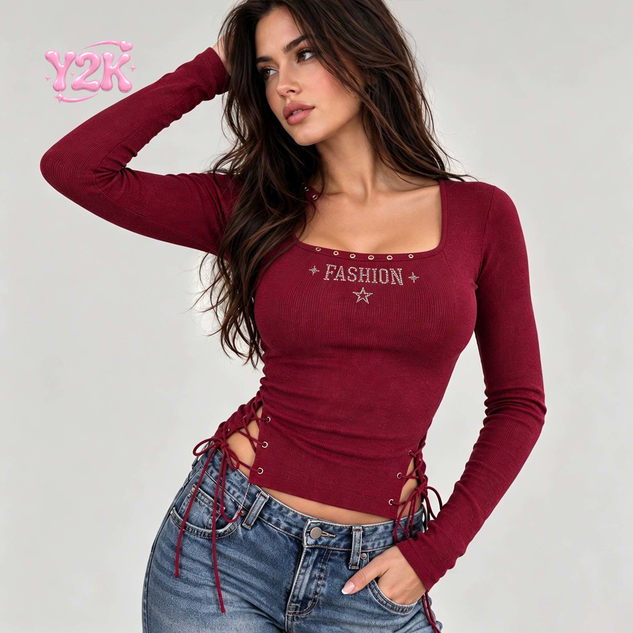 Custom Women Ribbed Long Sleeve Top Side Lace Up Cutout Eyelet Rhinestone Graphic Slim Fit Y2K Streetwear Casual Stretch Shirt
