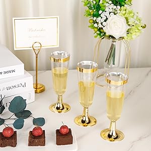 Gold Rim Plastic Champagne Glasses Perfect For Wedding, Thanksgiving Day, Christmas Champagne Flutes Disposable