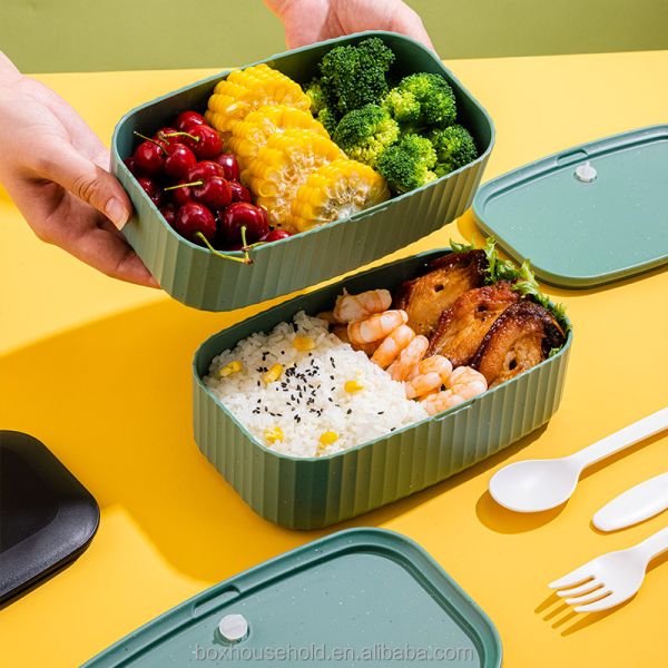 Portable Dual Tier Eco-Friendly Banana Leaf Design BPA-Free Lunch Box with Cutlery Lid
