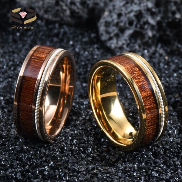 Anillo de carburo de tungsteno dorado plano para hombre con incrustaciones de madera de Koa y cuerda de guitarra de 8 mm para fiesta