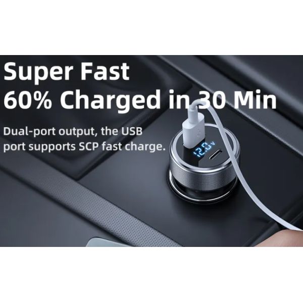 QC PD Fast Charging USB Car Charger Socket Type C With Digital Display 58.5W
