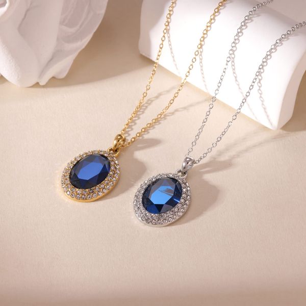 Collares para Mujer de Acero Inoxidable con Piedra Grande de Zirconia Ovalada Azul y Gemas Redondas Transparentes
