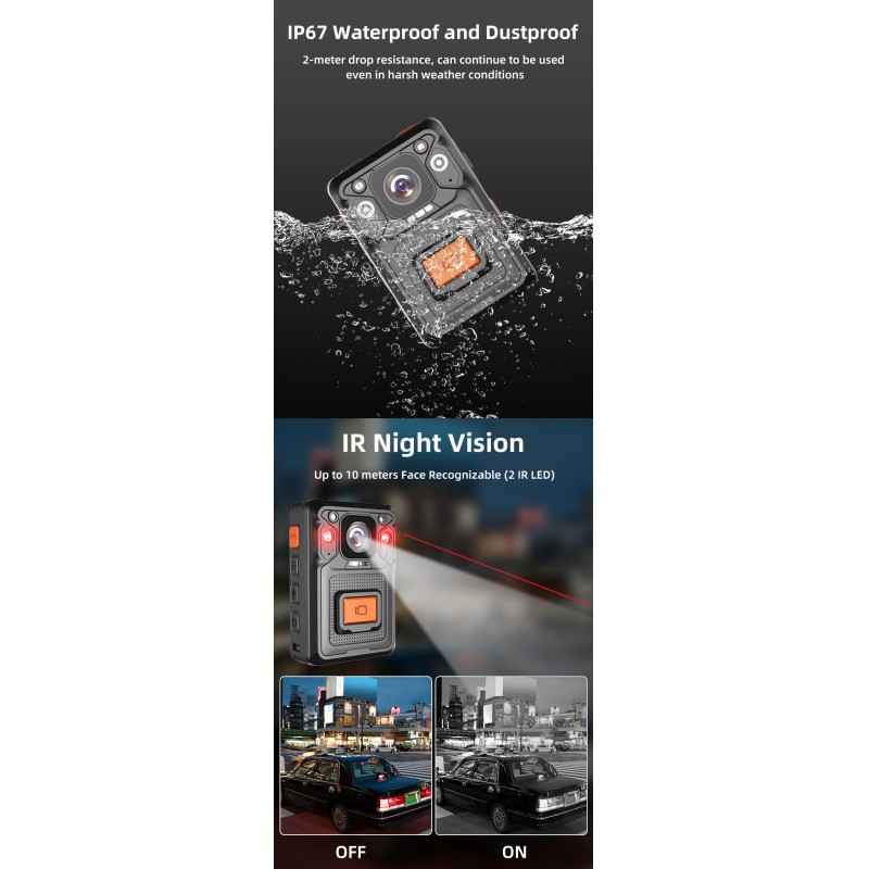 Portable 4G Body Worn Camera 2K Video 40MP Photo IP67 Waterproof IR Night Vision WIFI&GPS&BT Function Camera for Security Guard
