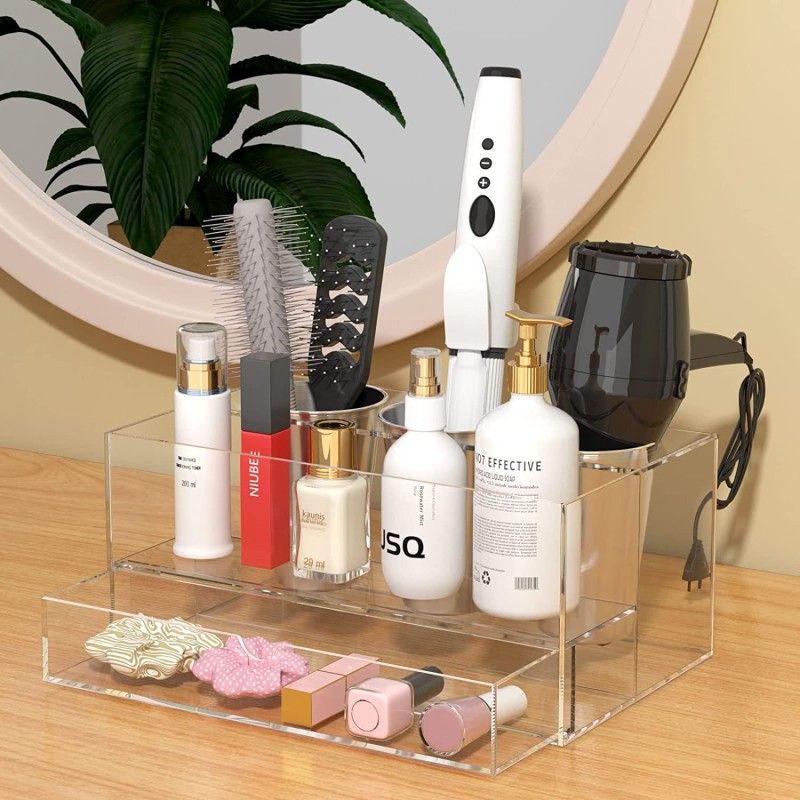 Clear Black White Acrylic Hair Dryer Storage Box Bathroom Countertop Toiletries Shelf Dressing Table