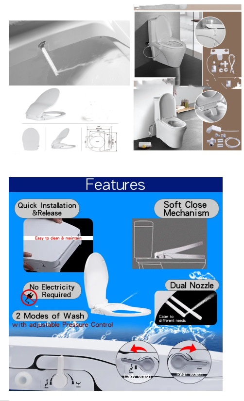 Não elétrico Manual Bidet PP Toilet Cover Branco Estilo de design moderno com dois bicos