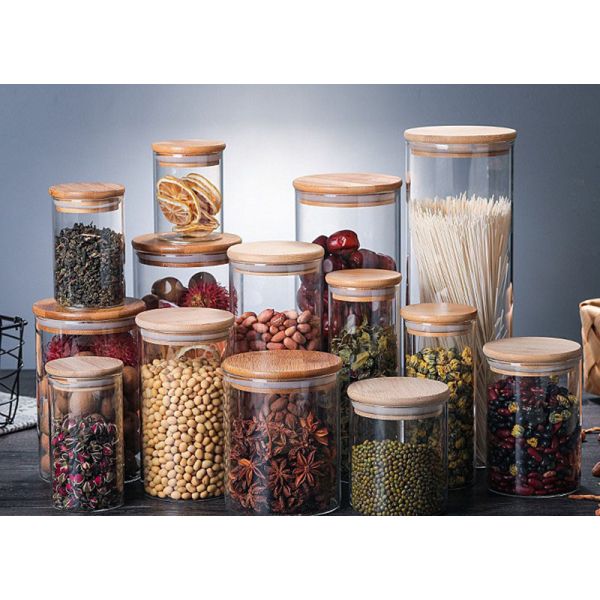 опарник хранения боросиликатного стекла 1000ml с бамбуковой крышкой