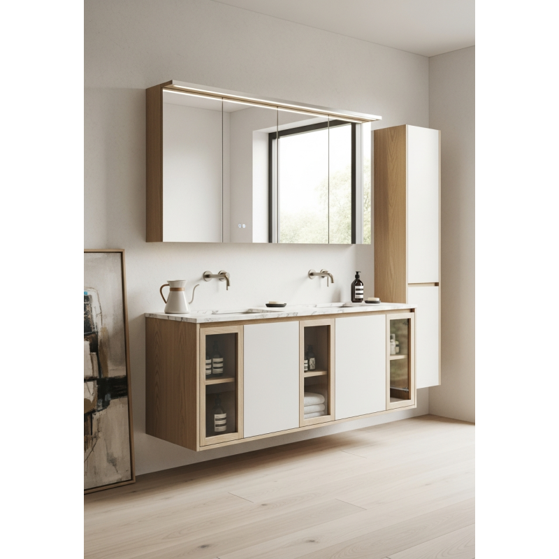 Gallery Pale Oak Wall-Mounted Vanity in 304 Stainless Steel with Quarter-Sawn European White Oak Veneer and Ultra-Matte Finish