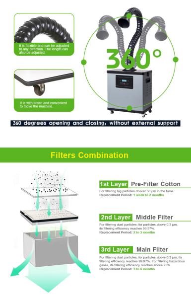 200W Flexible Arm Solder Fume Extractor LED Display Low Noise