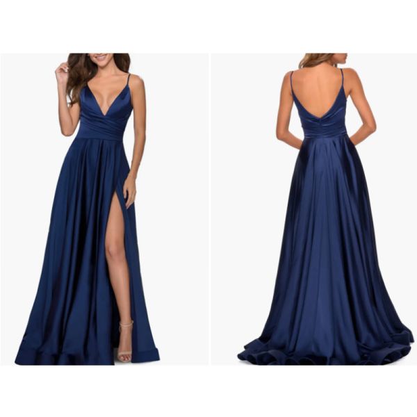 Excellent Sleeveless Royal Blue Satin Long Evening Dress Front Split Slit Spaghetti Straps Sweep Train A-Line Ruffles