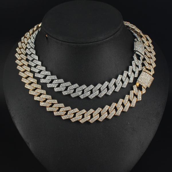 Hot Sale Hip Hop Jewelry 15mm Rhombus Cuban Iced Out White Rhinestone Miami Cuban Link Chain Choker Necklace for Women Men Gift