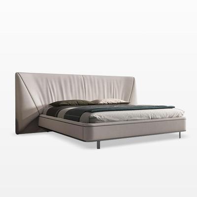 Grey Genuine Leather King Size Bed SS Leg Solid Wood Frame Bed