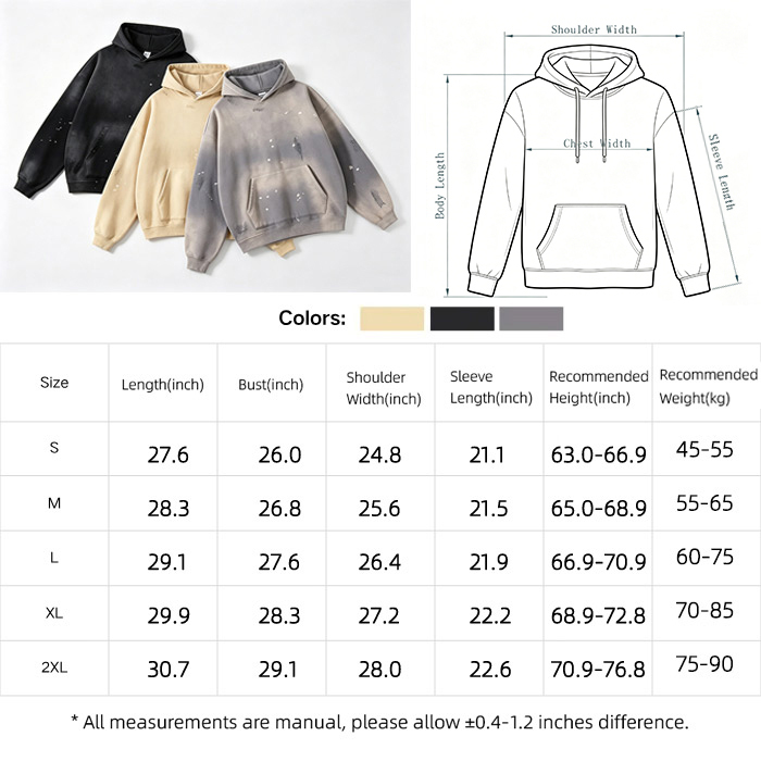 360GSM Men's Heavyweight Hoodie Spray Gradient Wash Pullover Hooded Sweatshirt Oversized