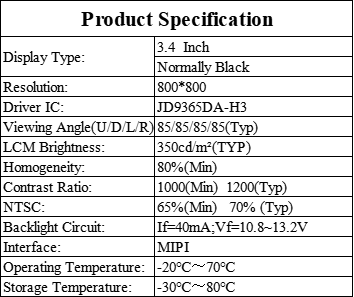3.4 Inch Circle LCD Display 800×800 Resolution Round LCD Panel IPS Full Viewing Angle