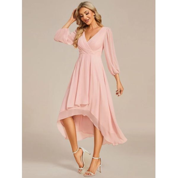 Elegant Empire Long Sleeve V-neck High Low A-line Ruffled Midi Burnt Orange Chiffon Wedding Guest Cocktail Dress