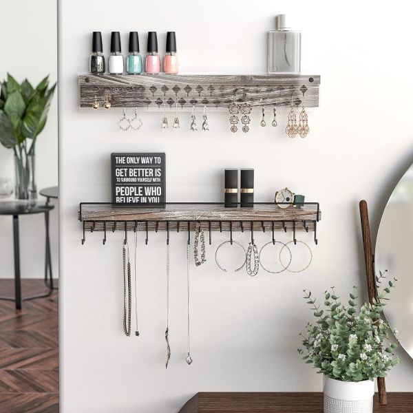 Custom Rustic Farmhouse Wood Earring Display and Clear Acrylic Necklace Wall Mount Holder