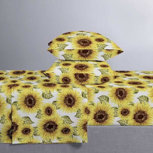 Home 100% Polyester Yellow Floral Print Bedding Set with 2 Curtains 8 Pieces