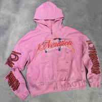 Custom Rhinestone Studded 100% Cotton 500 Gsm Heavyweight Zip Up Vintage Cropped Distressed Acid Wash Hoodie