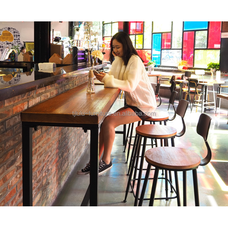 Home Bar Rustic Metal Frame Dining Tables High Rectangular Wood Kitchen Bar Table Stool