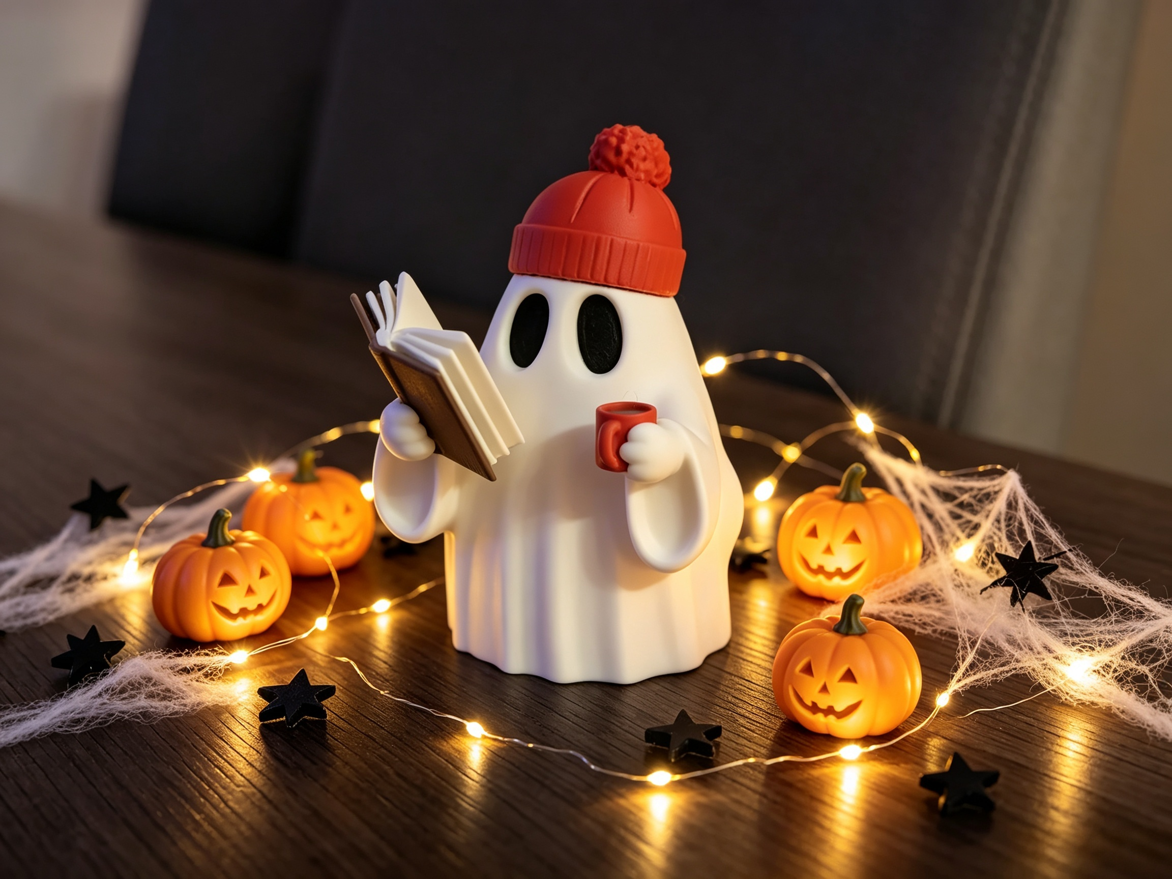 Matte PLA Made 3D Printed Holiday Decoration, Beanie Wearing Reading Ghost Decor for Library Table Display