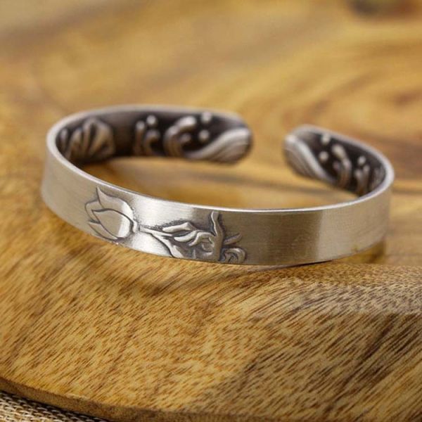 Adjustable Retro Sterling Silver Cuff Bracelet Engraved Flower(XH056244W)