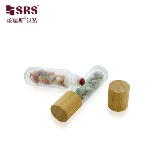 BLPM-15ML Clear Glass Roll on Bottle Bamboo Cap Natural Crystal Gravel Essential Oil Perfume Cosmetic Roller Container