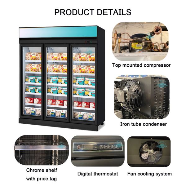 3 Doors Commercial Glass Freezer Frozen Food Display Fridge With Fan Cooling