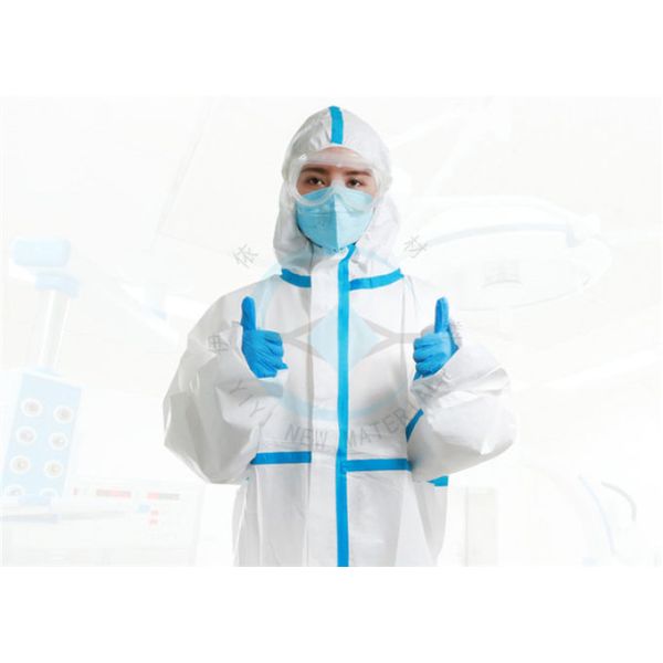 White Blue Elastic Cuff Hooded Isolation Protective Clothing