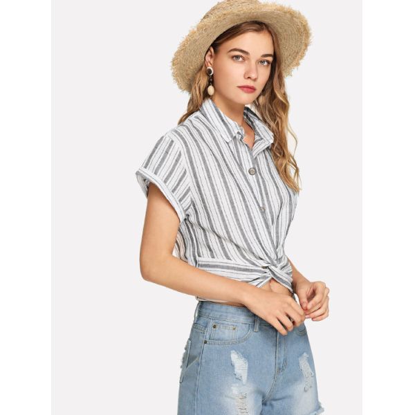 Блузка дизайна нашивки 2019 женщин моды с воротником рубашки