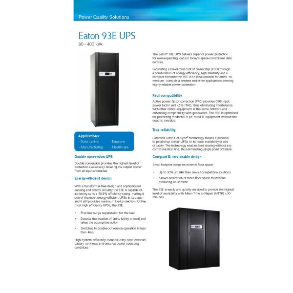 Eaton 93E 200KVA 200KW 380Vac/220Vac TOWER ONLINE UPS 8 часов до 90% мощности