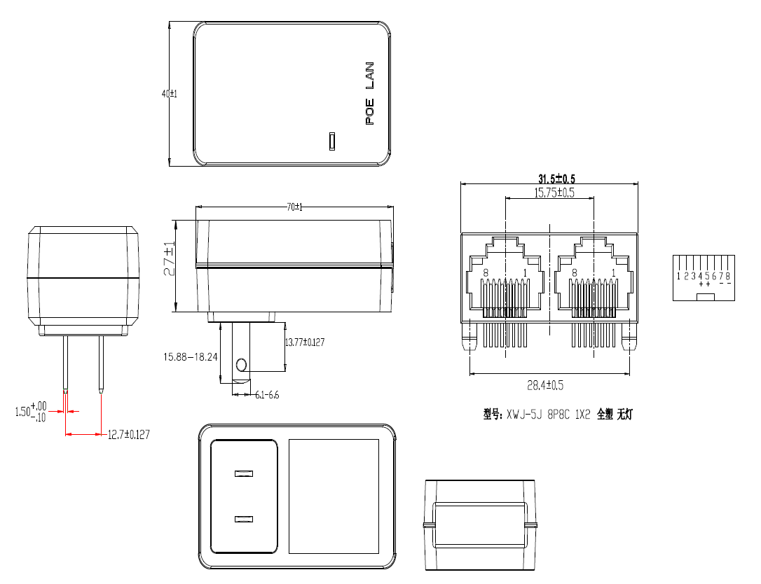 переходник AC 24V 0.5A POE/инжектор 12W 15W 48V с соединителем 1xRJ45