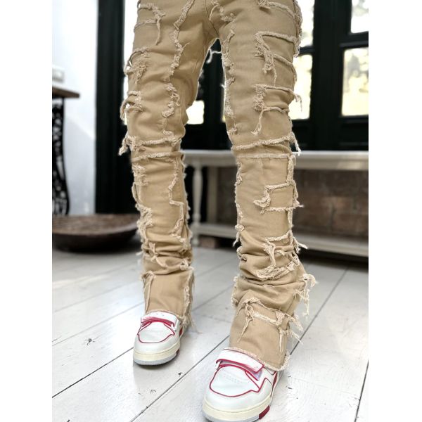 Street Style Men's Boot Cut Light Blue Damaged Tassel Applique Jeans Spandex/Cotton