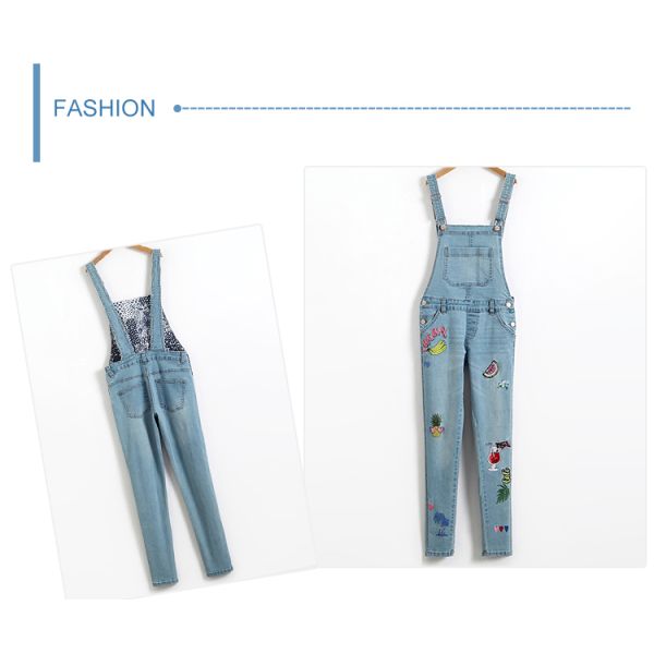 Embroidered Suspender Little Girl Denim Overalls Slim Fit Color Fade Proof