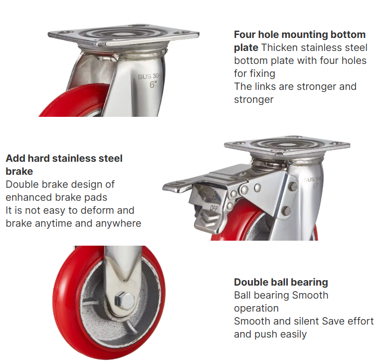 OEM Service Customized Stainless Steel Casters 4/5/6/8 Inch Aluminum core cast PU Castor Wheel
