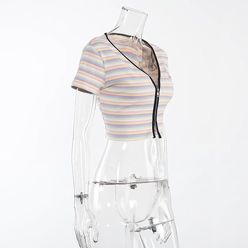 T-shirt court sexy européen Keliou de polyester maufactory de commerce extérieur d'OEM et américain frontalier d'arc-en-ciel de tirette