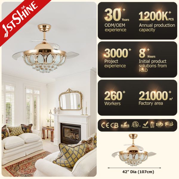 Lâmina de 42 ABS do cobre do metal de Crystal Retractable Ceiling Fan Light da polegada