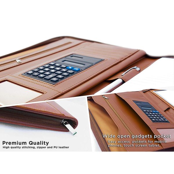 Zip Closure Business Portfolio Organizer Premium Water Resistant PU Leather Made